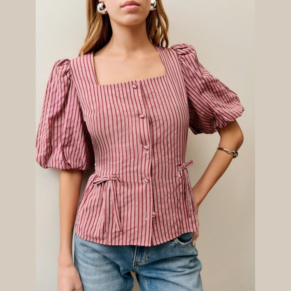 Pink Striped Puff Sleeve Square Neck Bow Tie Blouse